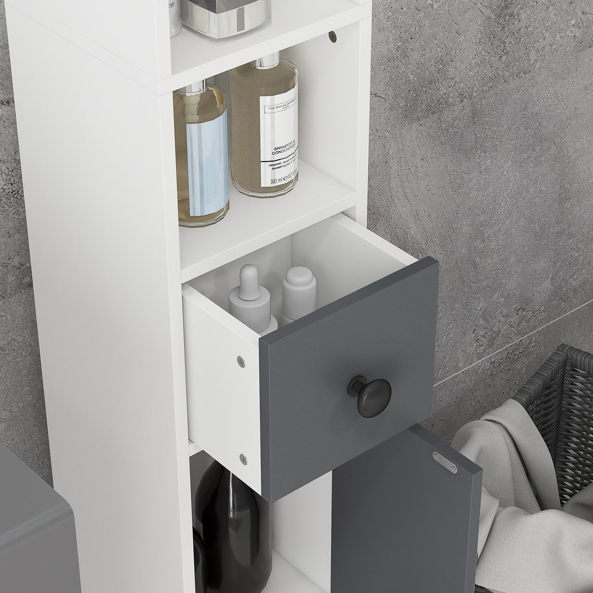 Colonne de rangement armoire haute pour salle de bain 1 tiroir 4 étagères réglables et 2 placards 20 x 20 x 180 cm gris-9