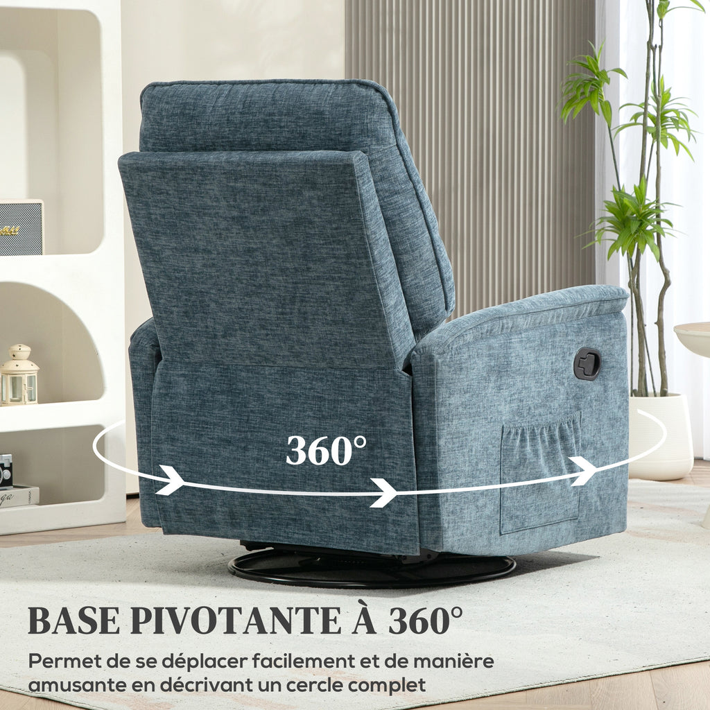 Fauteuil inclinable manuel pivotant avec repose-pieds rétractable, dossier réglable, bleu-5