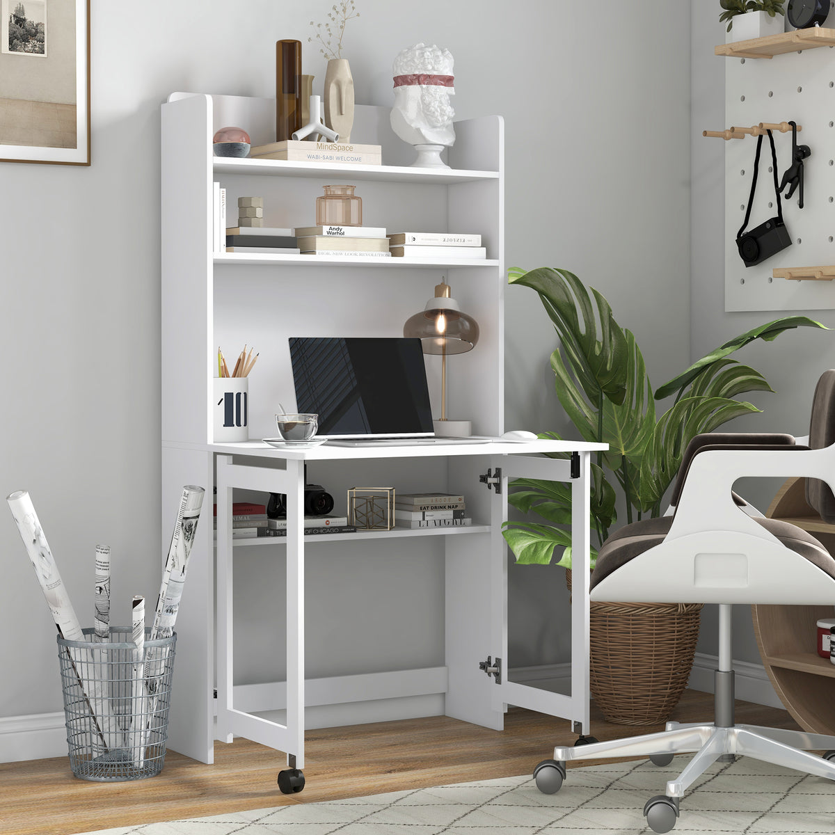 Bureau informatique avec étagères de rangement plateau rabattable 2 roulettes pour chambre salon 80 x 69 x 155 cm blanc-1