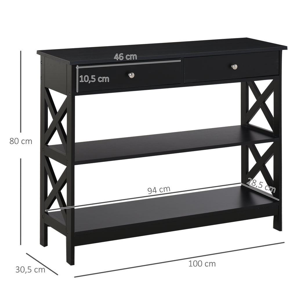Table de console table d'entrée style table de drapier néo-rétro 2 tiroirs 2 étagères dim. 100L x 30,5l x 80H cm en bois noir-2
