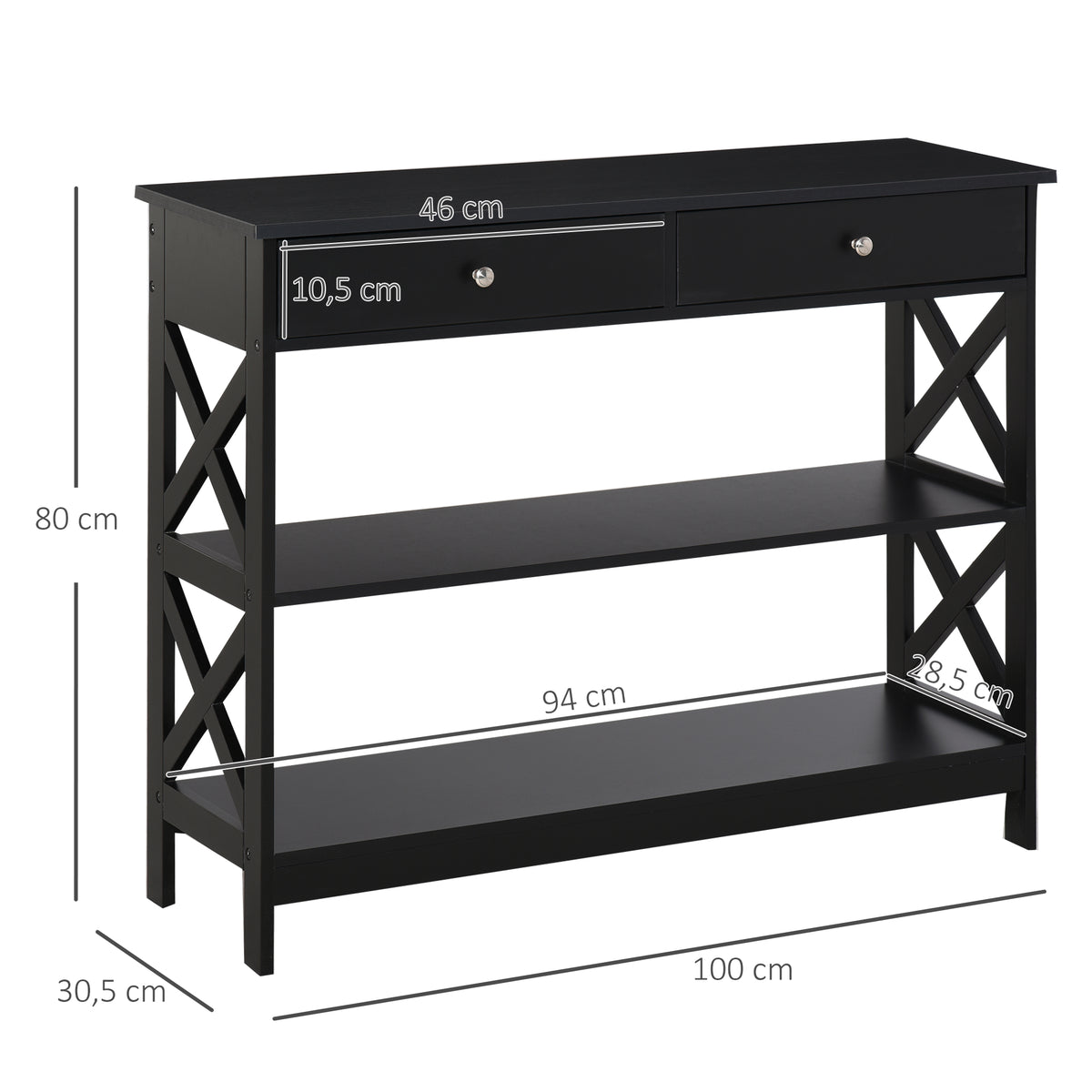 Table de console table d'entrée style table de drapier néo-rétro 2 tiroirs 2 étagères dim. 100L x 30,5l x 80H cm en bois noir-2