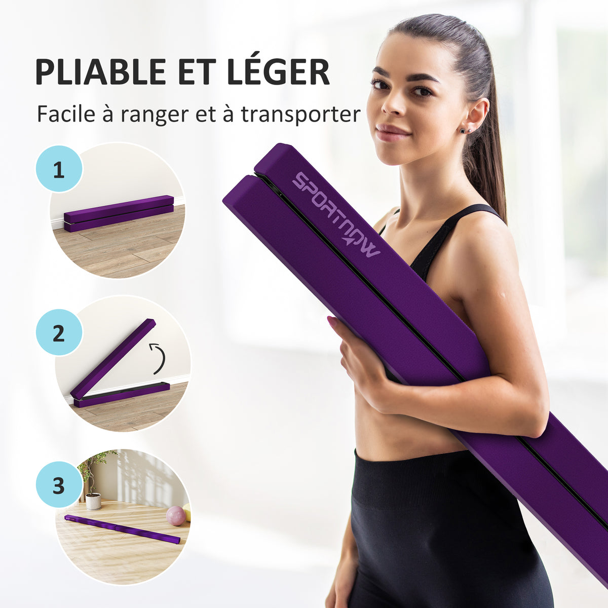 Poutre gymnastique pliable 210 cm en velours, poutre d'équilibre avec fond antidérapant, pour enfants et adultes, violet-3