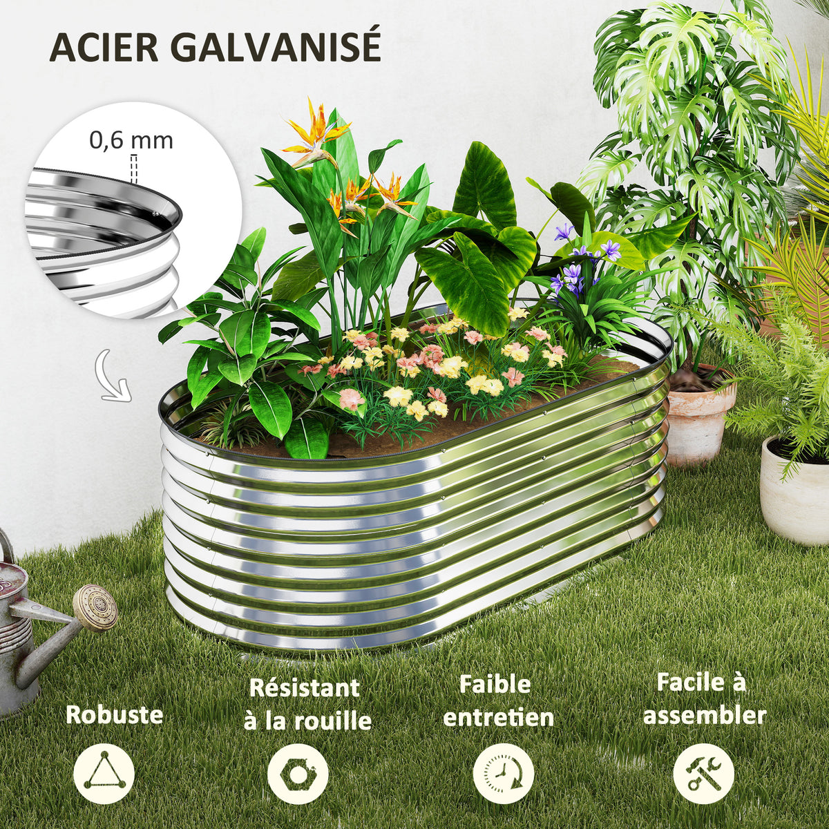 Carré potager de jardin potager surélevé, résistant à la rouille en acier galvanisé 160 x 80 x 56 cm argent-4