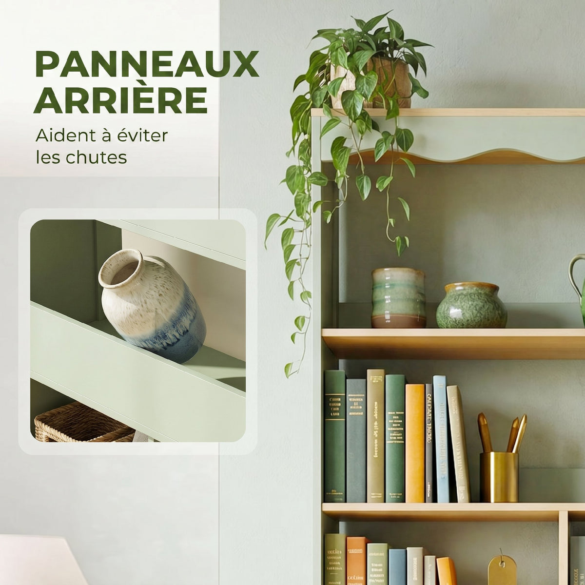 Bibliothèque, étagère de rangement à 6 niveaux avec 6 compartiments ouverts, 76 x 23,8 x 180 cm, bois naturel et vert-4
