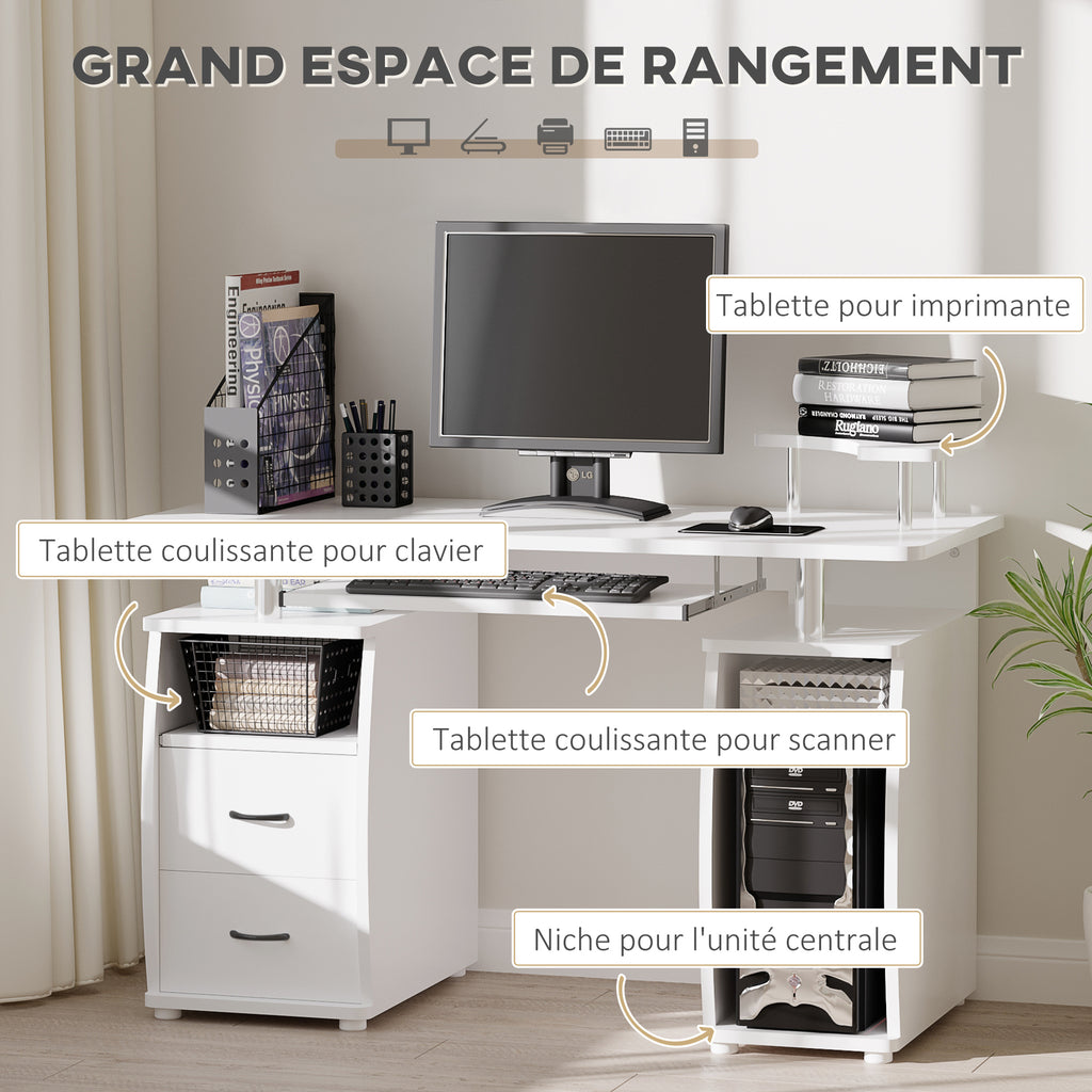 Bureau informatique multimédia multi-rangements 120L x 55l x 85H cm en bois blanc-3