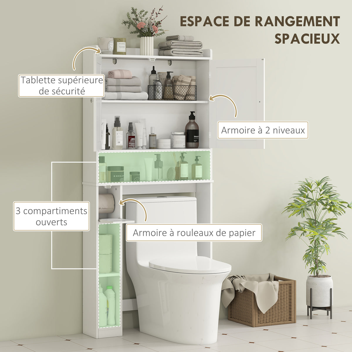 Meuble WC dessus de toilette ou machine à laver, 2 portes, 3 compartiments, porte-papier toilette, 80x19,5x170cm, blanc-3