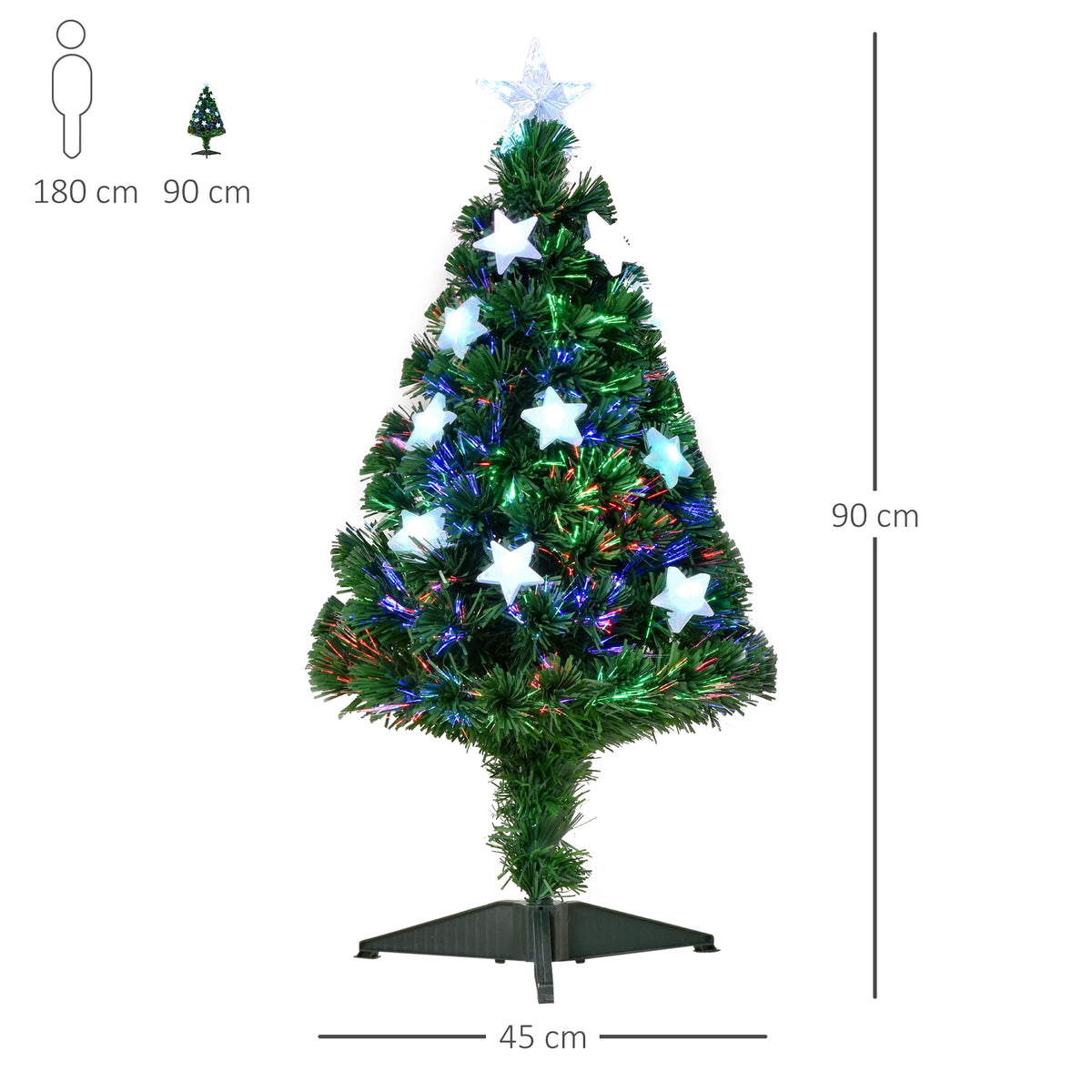 Sapin Noël Artificiel Lumineux 90H cm Fibre Optique LED Multicolore + Support Pied 90 Sommet Brillante Vert-2