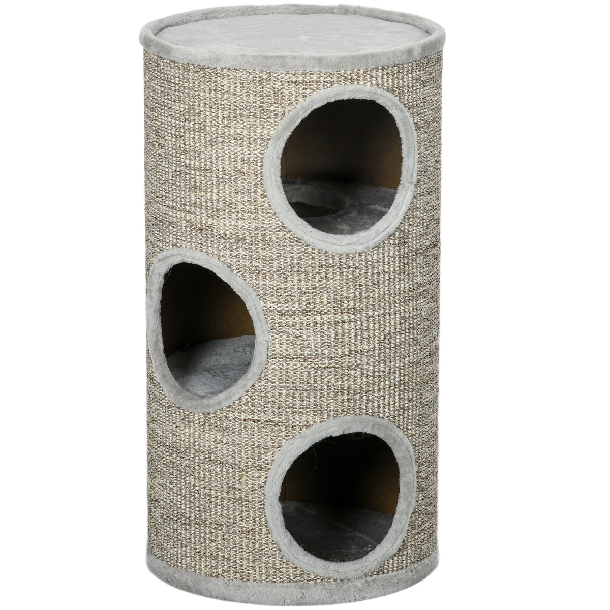 Tonneau à gratter pour chat, tour à griffer en sisal à 3 niveaux recouvert de peluche, Ø 38 x 70 cm, gris-0