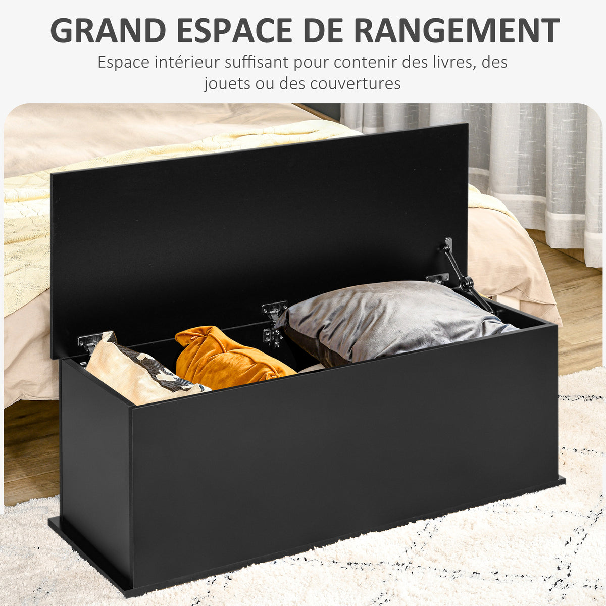 Coffre de rangement coffre à jouets grande capacité de rangement charnière verrouillée  en bois 100 x 40 x 40 cm noir-3