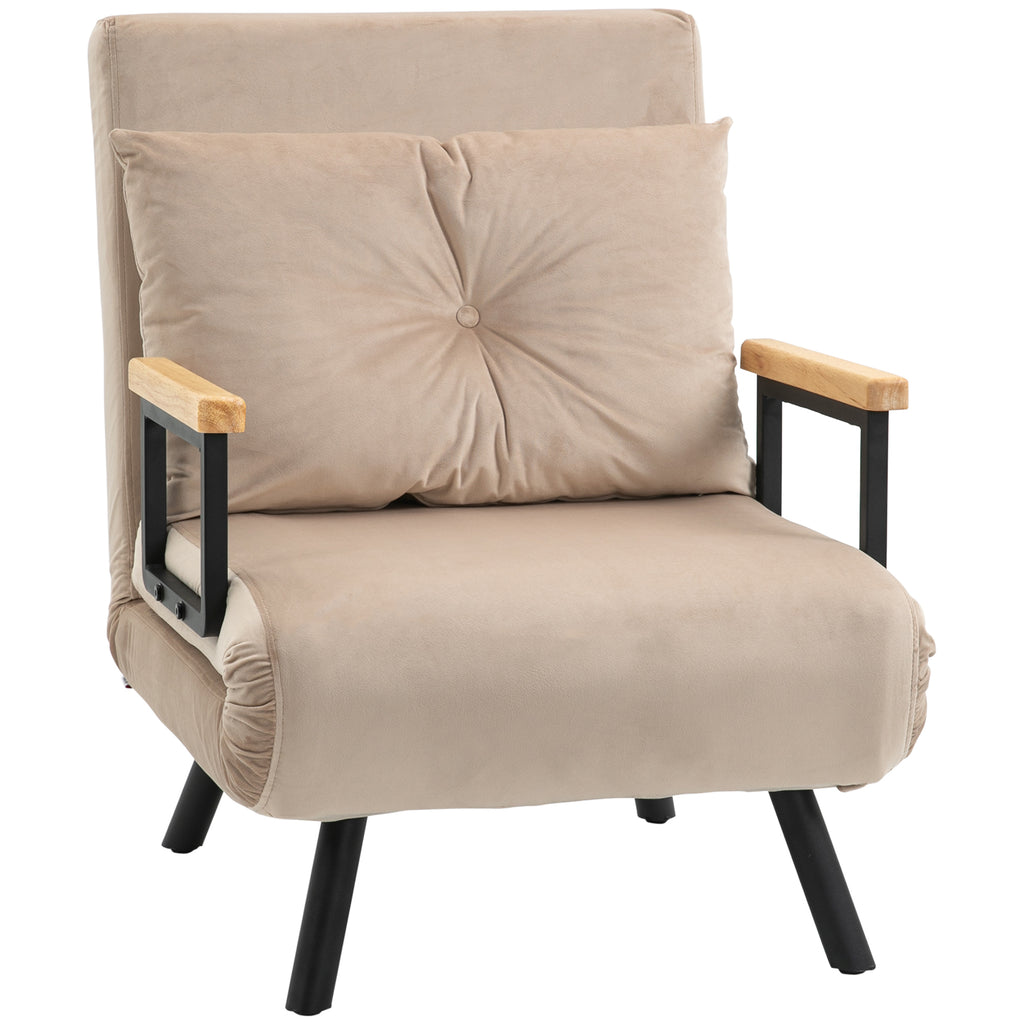 Fauteuil convertible 3 en 1 lit 1 place dossier 5 positions, accoudoirs en bois et coussin, tissu effet velours, beige-0