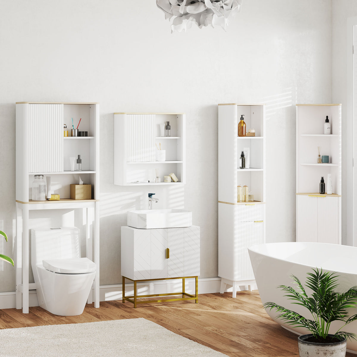 Meuble de rangement au-dessus des toilettes avec porte cannelée, compartiments, étagère réglable, 65x25x170cm, blanc-8