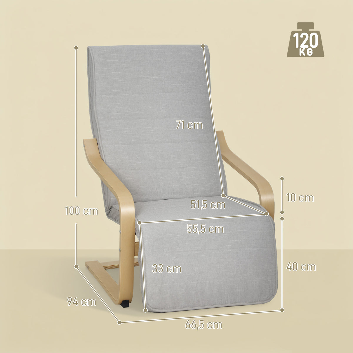 Fauteuil Luxe Confort et Relaxation avec Repose-Pied réglable déhoussable 94 x 66,5 x 100 cm cm Bois Massif Gris Clair-2