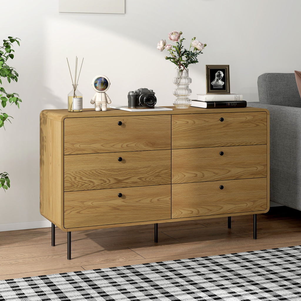 Commode 6 tiroirs meuble de rangement style moderne coins arrondis et pieds en acier 120 x 40 x 75cm effet bois de chêne-9