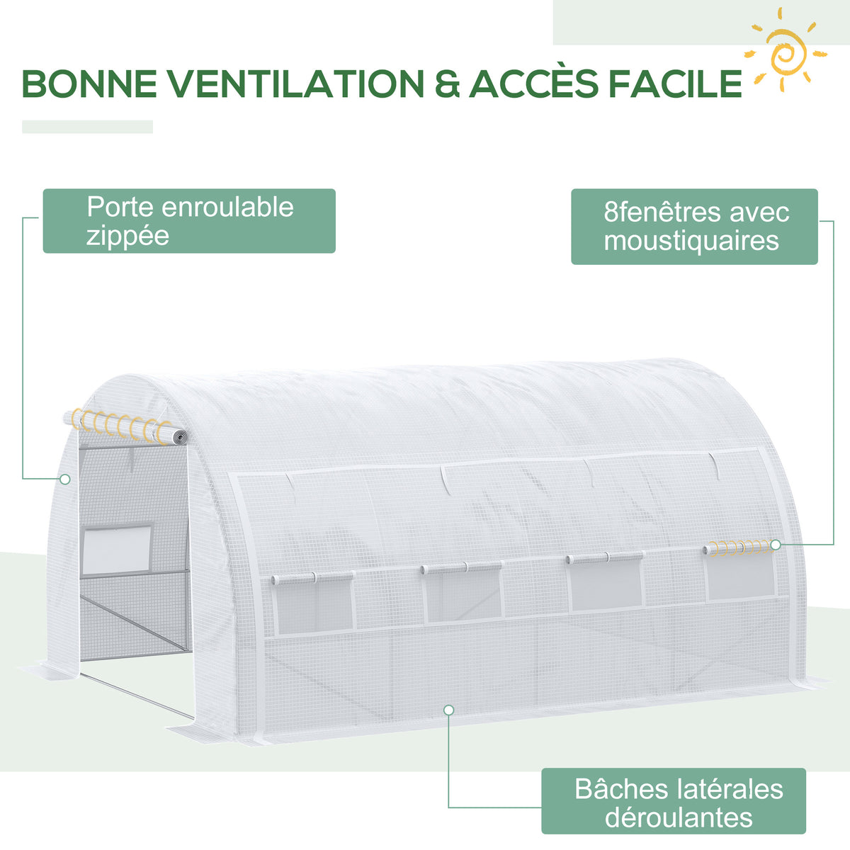 Serre de jardin serre tunnel 12 m² avec porte, parois latérales enroulables 8 fenêtres acier PE  4 x 3 x 2 m blanc-4