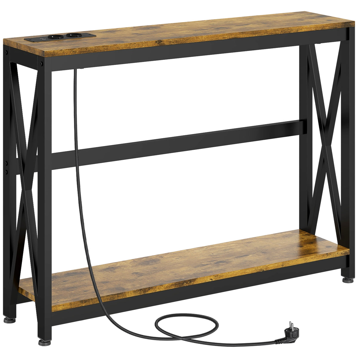 Console meuble étroite à 2 niveaux style industriel avec prises de courant et USB, 100 x 24 x 75 cm, marron-0