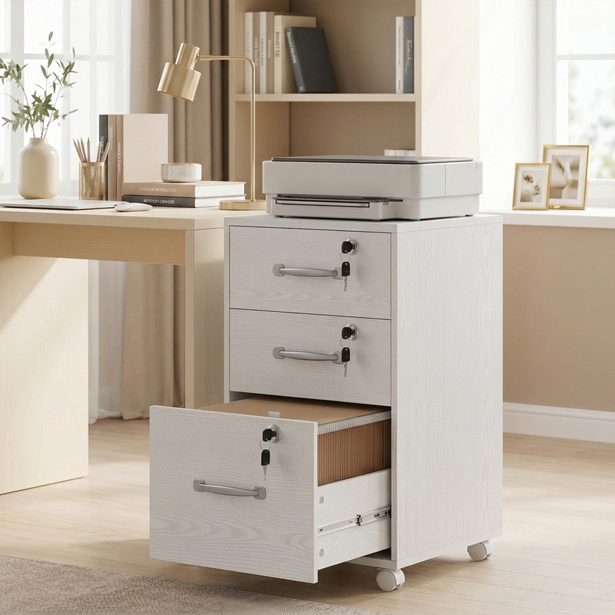 Caisson de Bureau Mobile avec 3 Tiroirs Verrouillables, Caisson de Rangement sur Roulettes, 40 x 40 x 69,5 cm, Blanc-8