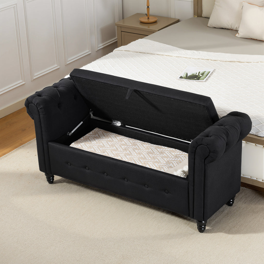 Banc banquette coffre 2 en 1 en tissu aspect lin avec pieds en bois 146,5 x 49 x 72 cm noir-1