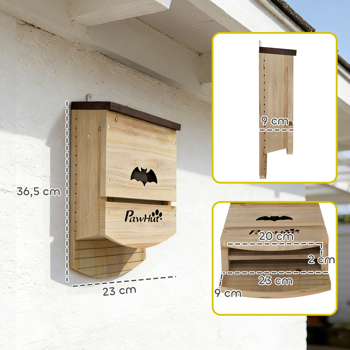 Lot de 3 Nichoirs Chauve Souris en Bois abri à chauves-souris avec Plateforme Rainurée 23 x 9,5 x 36,5 cm bois naturel-2