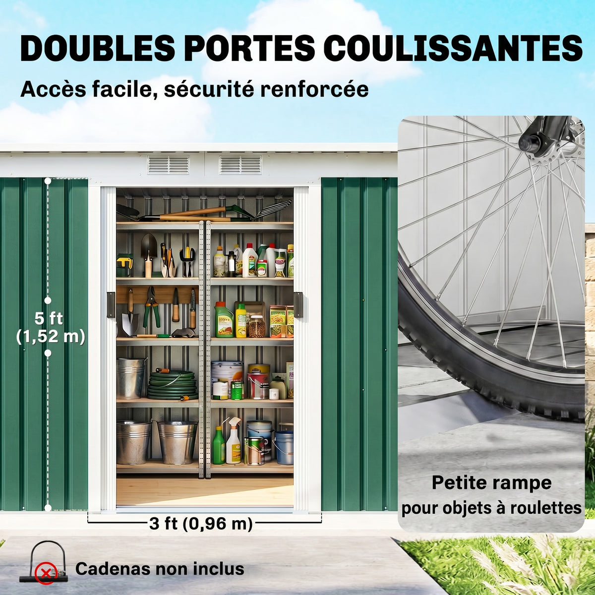 Abri de jardin 3,6 m² 280 x 130 x 172 cm kit de fondation porte coulissante ventilations acier galvanisé vert foncé-4