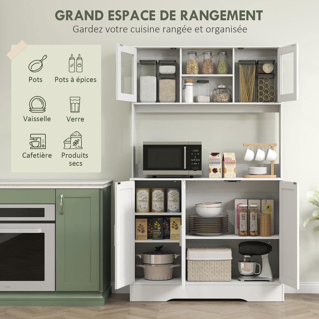 Armoire de cuisine scandinave avec placards, compartiments ouverts, portes vitrées et plan de travail, blanc-3