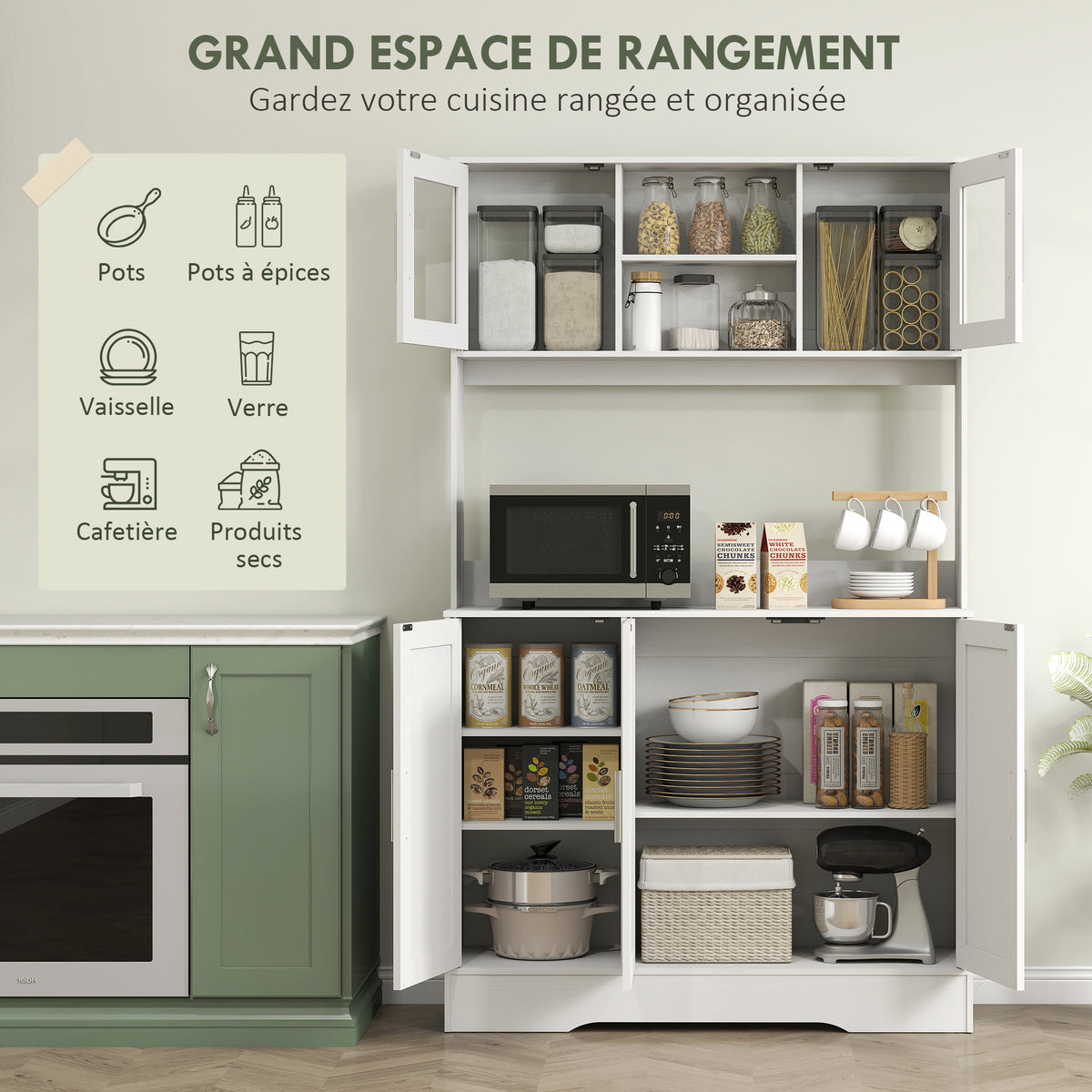 Armoire de cuisine scandinave avec placards, compartiments ouverts, portes vitrées et plan de travail, blanc-3