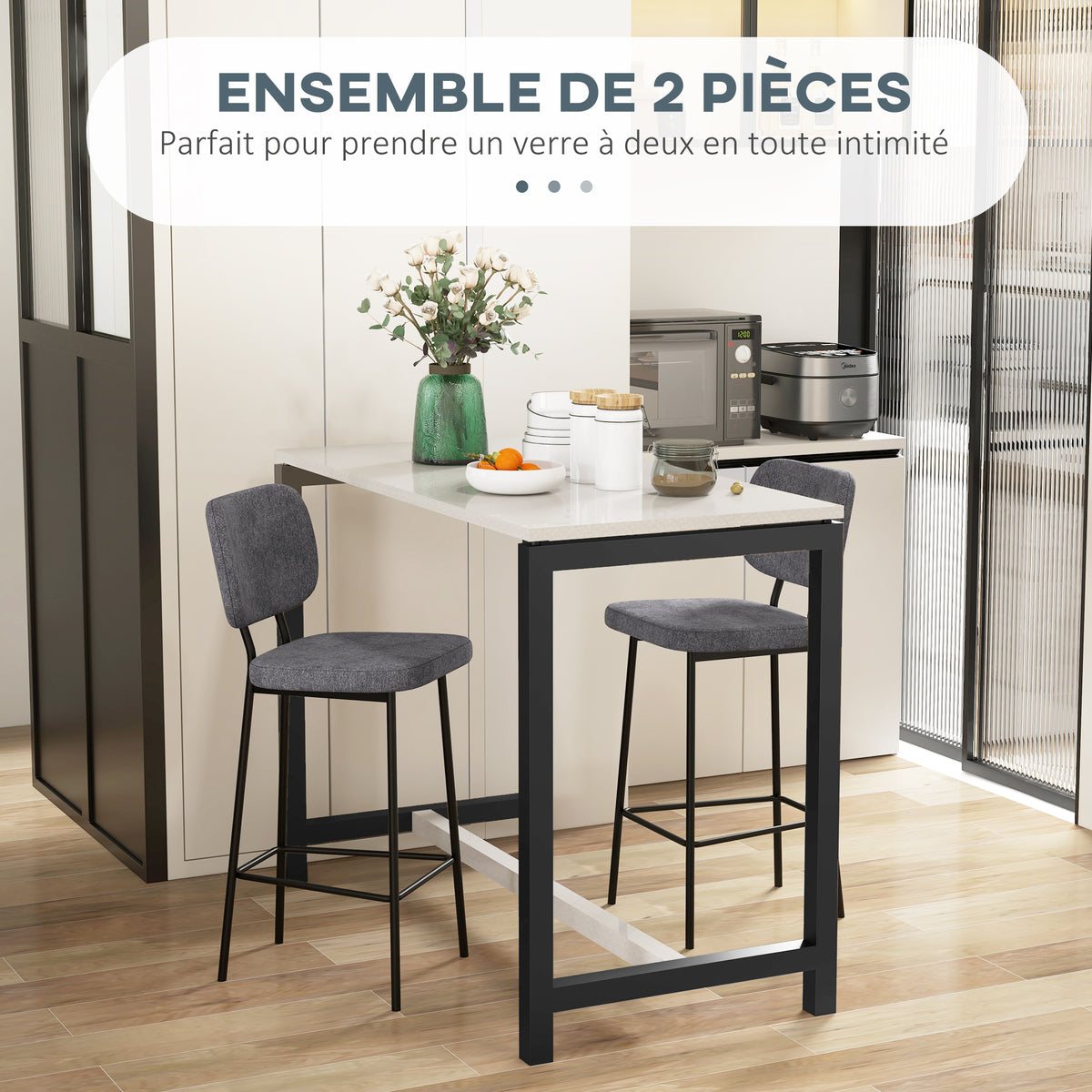 Lot de 2 tabourets de bar chaises hautes chaises de cuisine avec repose-pieds et dossier en tissu de lin et acier-3