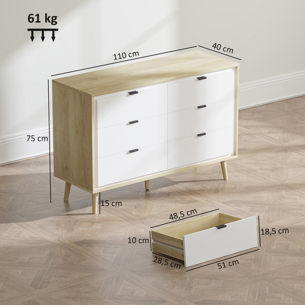 Commode 6 tiroirs, meuble de rangement à haute brillance, 5 pieds en bois, 110 x 40 x 75 cm, blanc et chêne-2