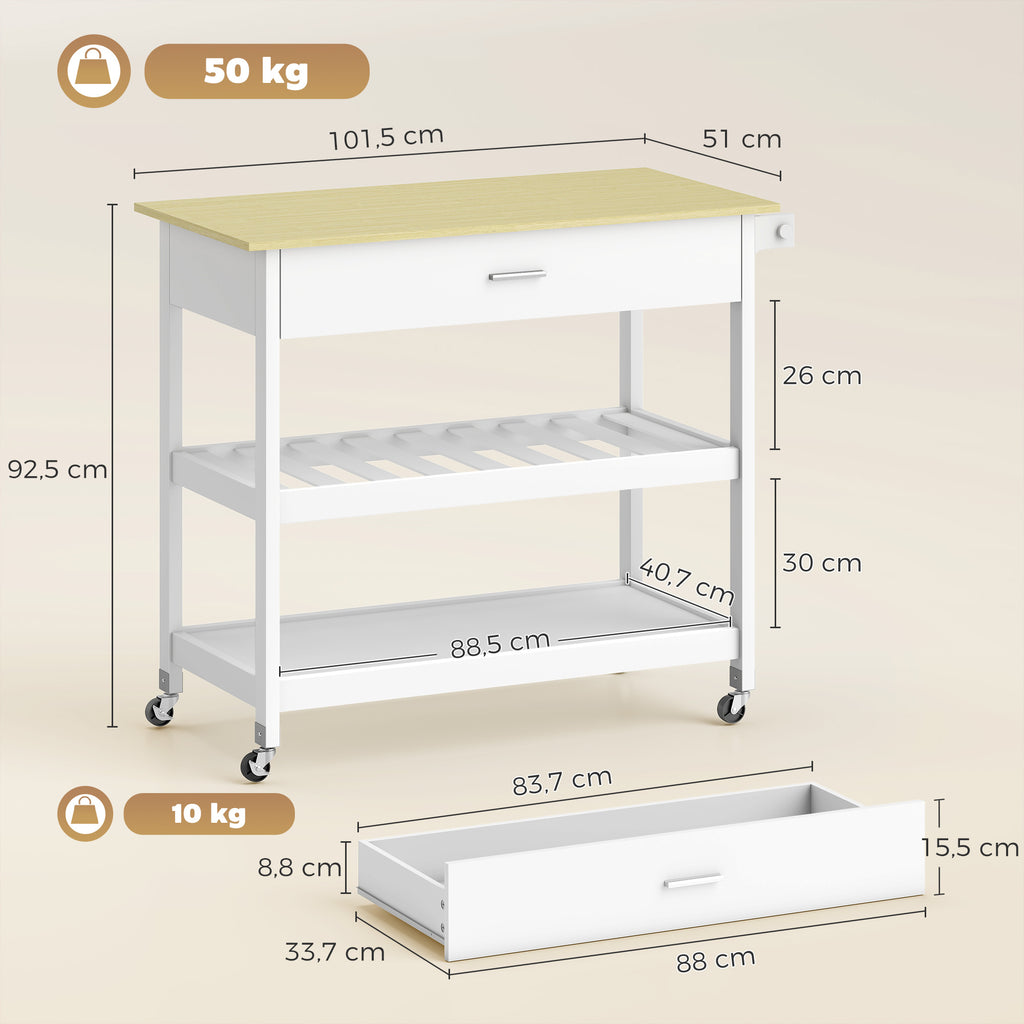 Desserte de cuisine à roulettes, îlot central cuisine avec plan de travail, tiroir, étagères, porte-serviettes, blanc-2