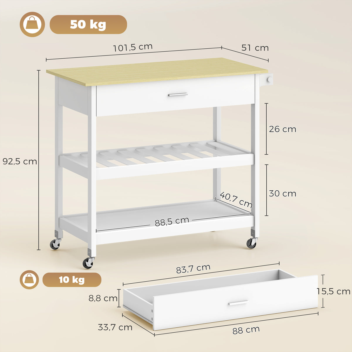 Desserte de cuisine à roulettes, îlot central cuisine avec plan de travail, tiroir, étagères, porte-serviettes, blanc-2