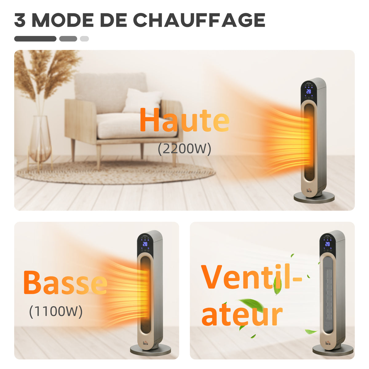 Chauffage soufflant oscillant 1100/2200 W - mini radiateur céramique PTC - télécommande incluse - chauffage d'appoint noir-8