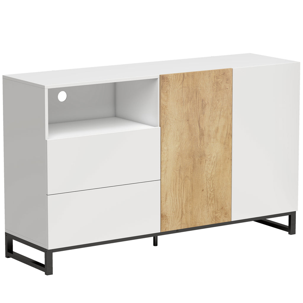 Buffet salon, meuble de rangement avec 2 portes à fermeture douce, 2 tiroirs et étagère réglable, blanc et chêne-0