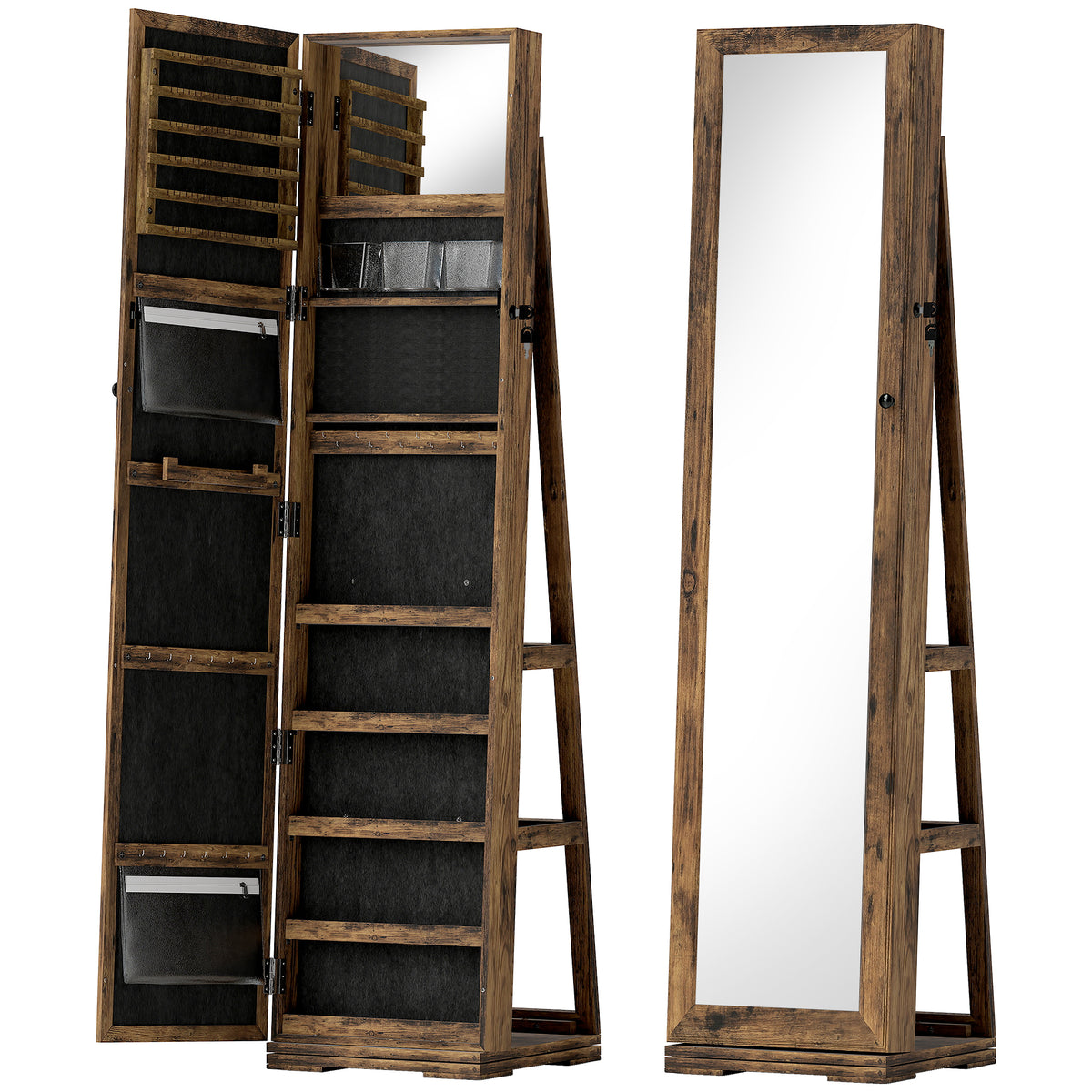 Armoire à Bijoux pivotante verrouillable boîte à bijoux avec Miroir - Armoire Bijoux Multi-Rangement - Brun Rustique-0