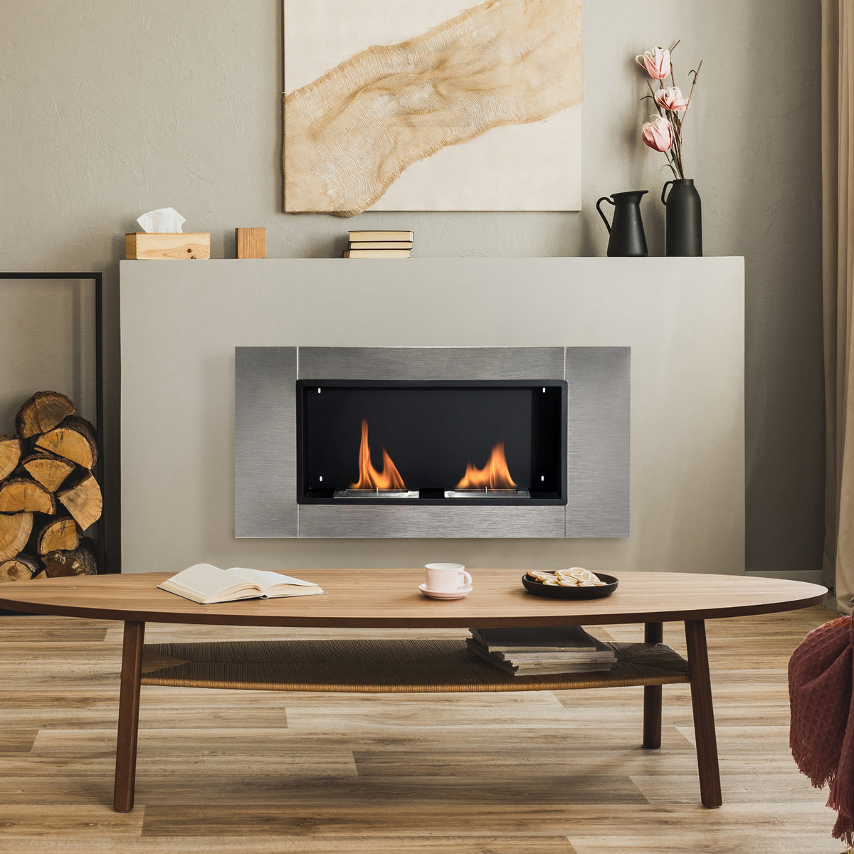 Cheminée bioéthanol Murale encastrable brûleur 2*0,9 L, environ 3 h de durée de combustion 110L x 14,5l x 54H cm Couverture 25-30 m² Acier inox-1