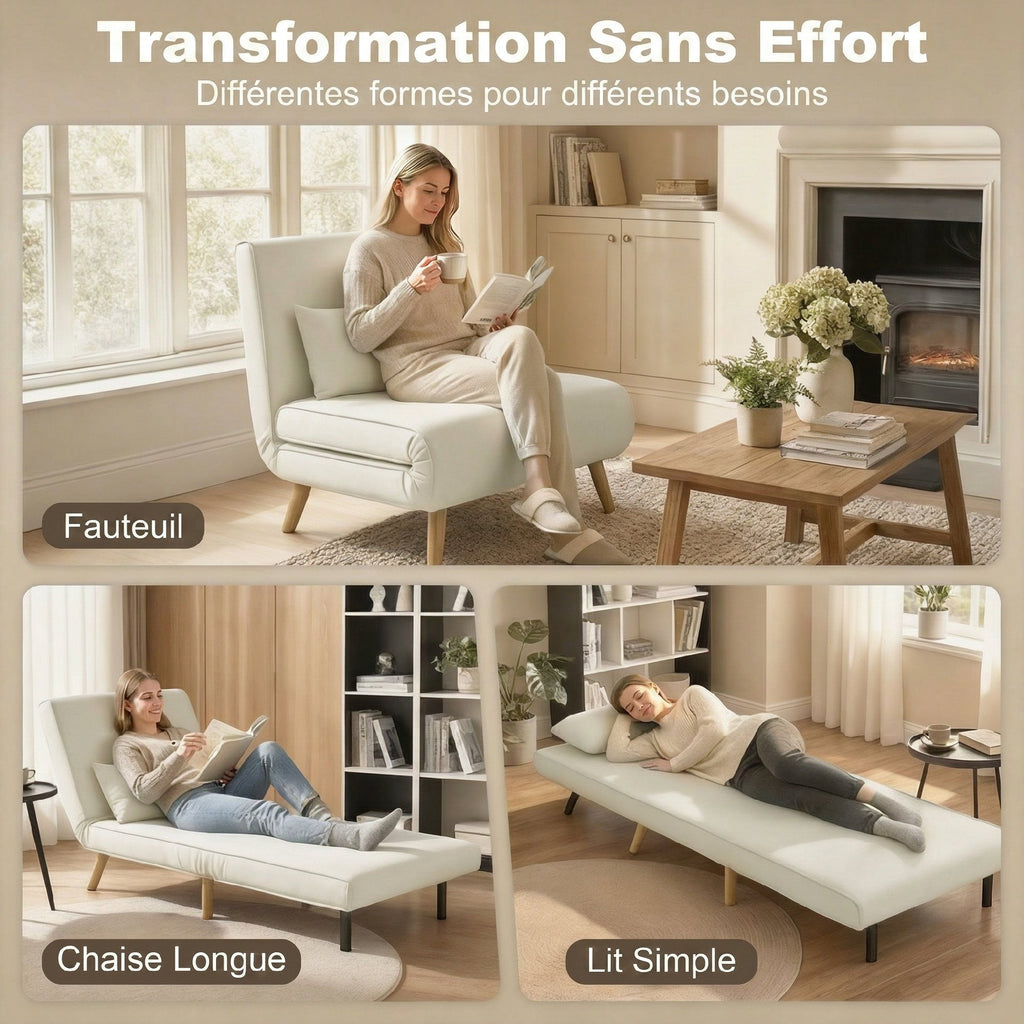 Fauteuil chauffeuse convertible 3 en 1 lit fauteuil lit 1 place dossier 5 positions en tissu avec coussin, crème-3