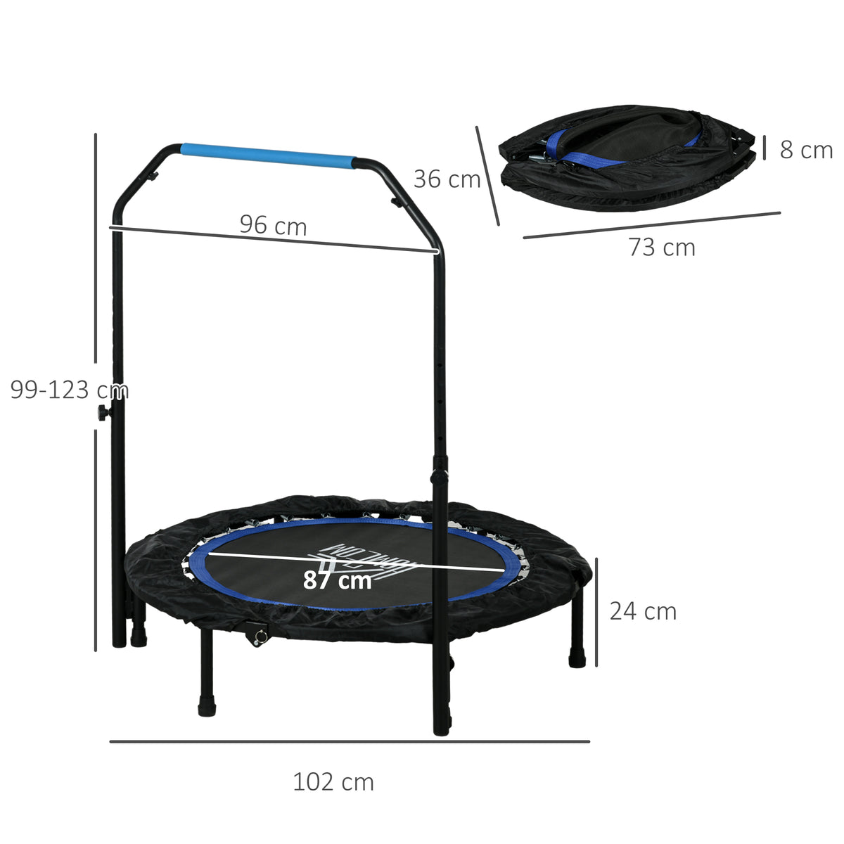 Trampoline de fitness gymnastique avec poignée réglable, pliable, 6 pieds, 28 ressorts Ø 102 cm, noir bleu-2