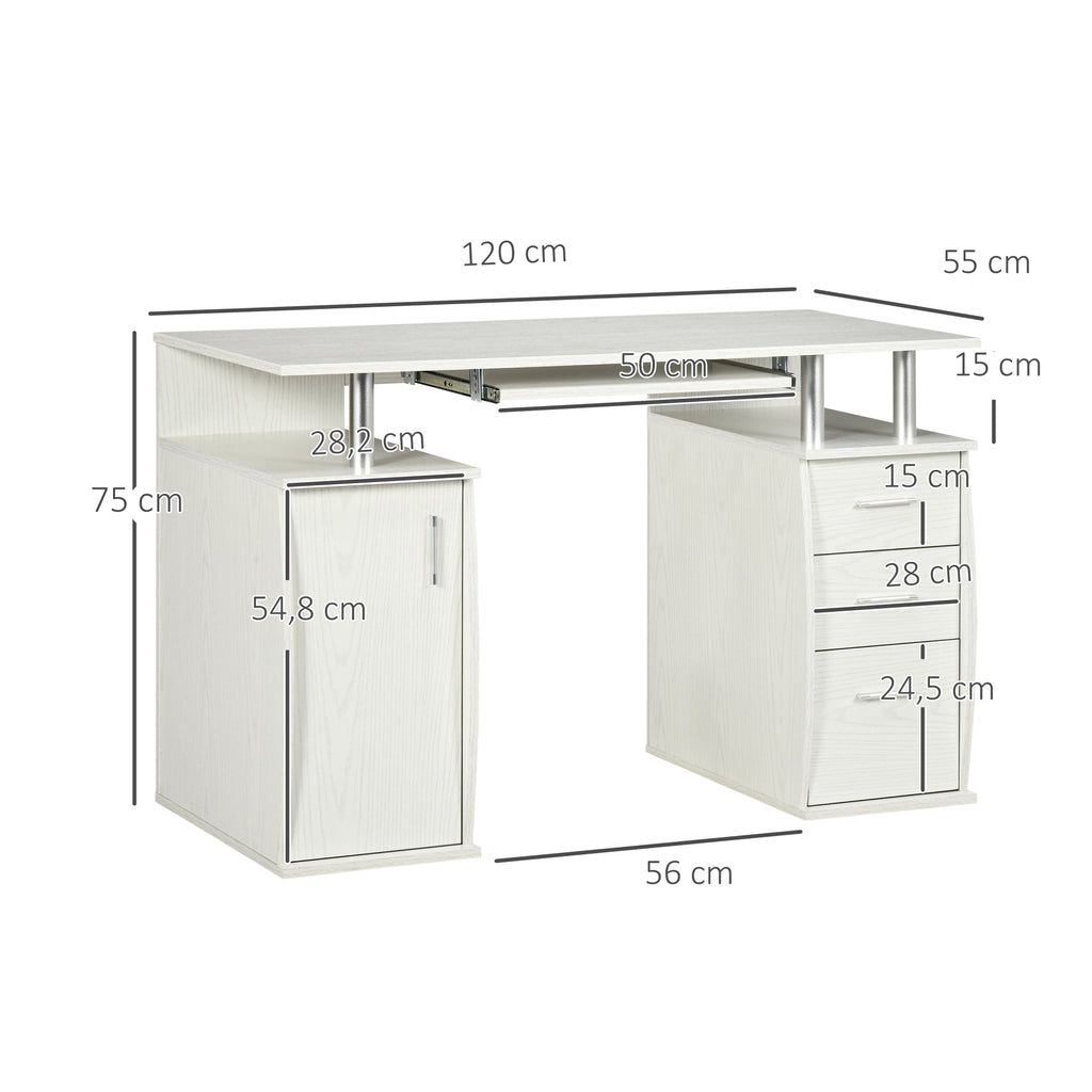 Bureau d'ordinateur, bureau informatique 120 x 55 cm avec plateau pour clavier, 3 tiroirs, pour chambre, domicile, blanc-2