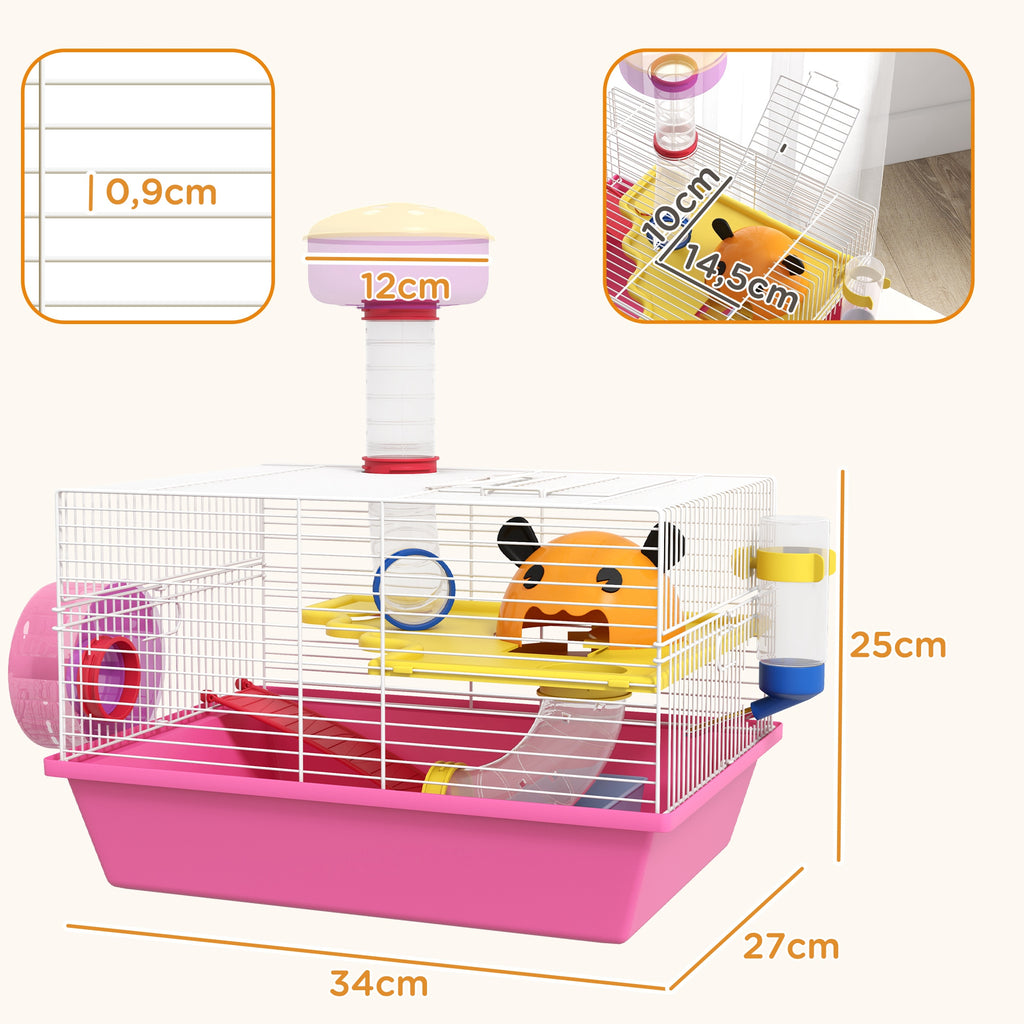 Cage à hamster rat rongeur multicolore avec plateforme, biberon eau, roue, maisonnette, 34 x 27 x 25 cm, rose-2