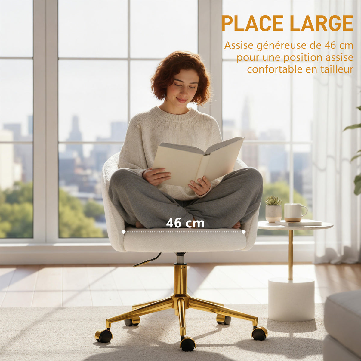 Chaise de bureau, fauteuil de bureau ergonomique réglable en hauteur, siège pivotante, piètement en acier, crème-3
