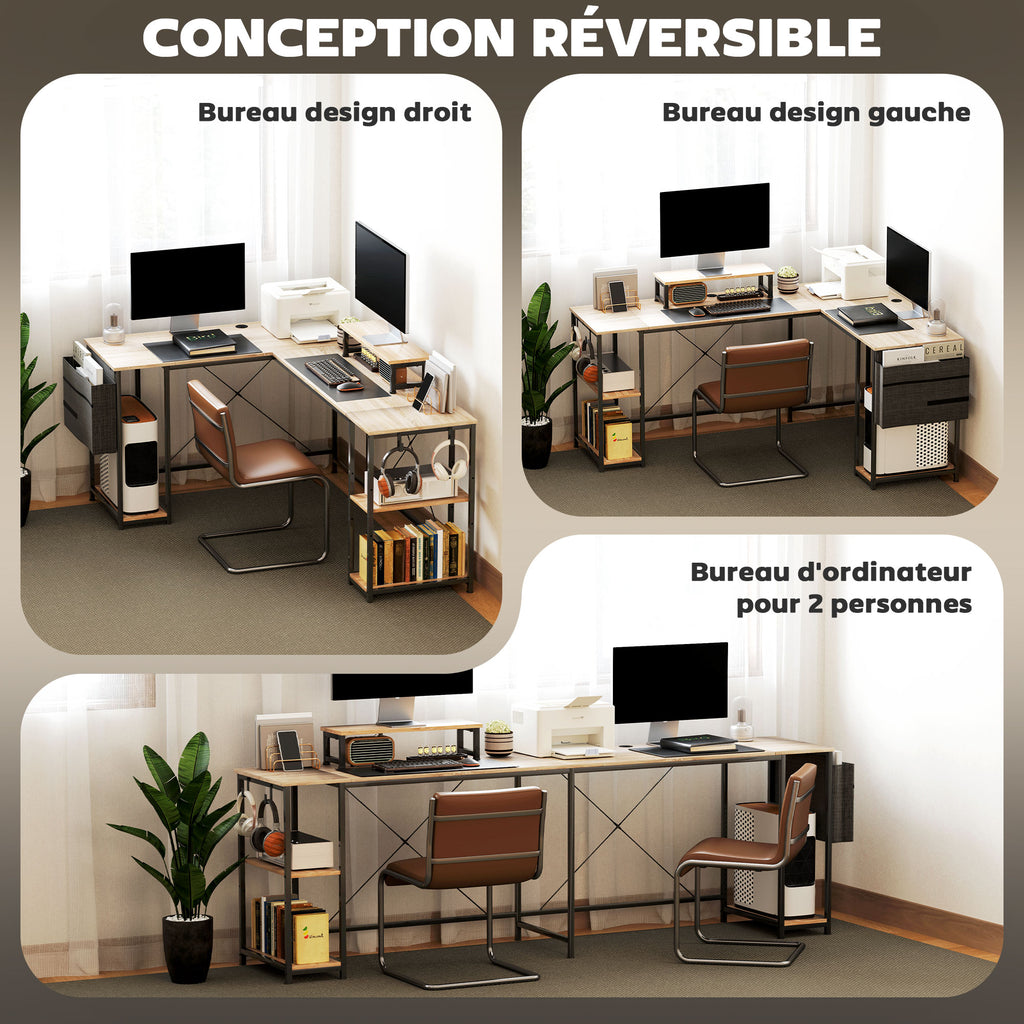 Bureau d'angle modulable réversible 168-240 cm style industriel - étagère réglable, sac de rangement, support d'écran-4