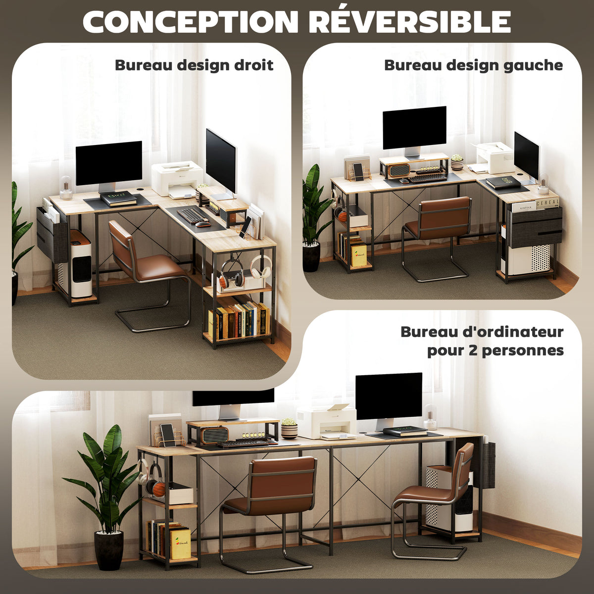 Bureau d'angle modulable réversible 168-240 cm style industriel - étagère réglable, sac de rangement, support d'écran-4