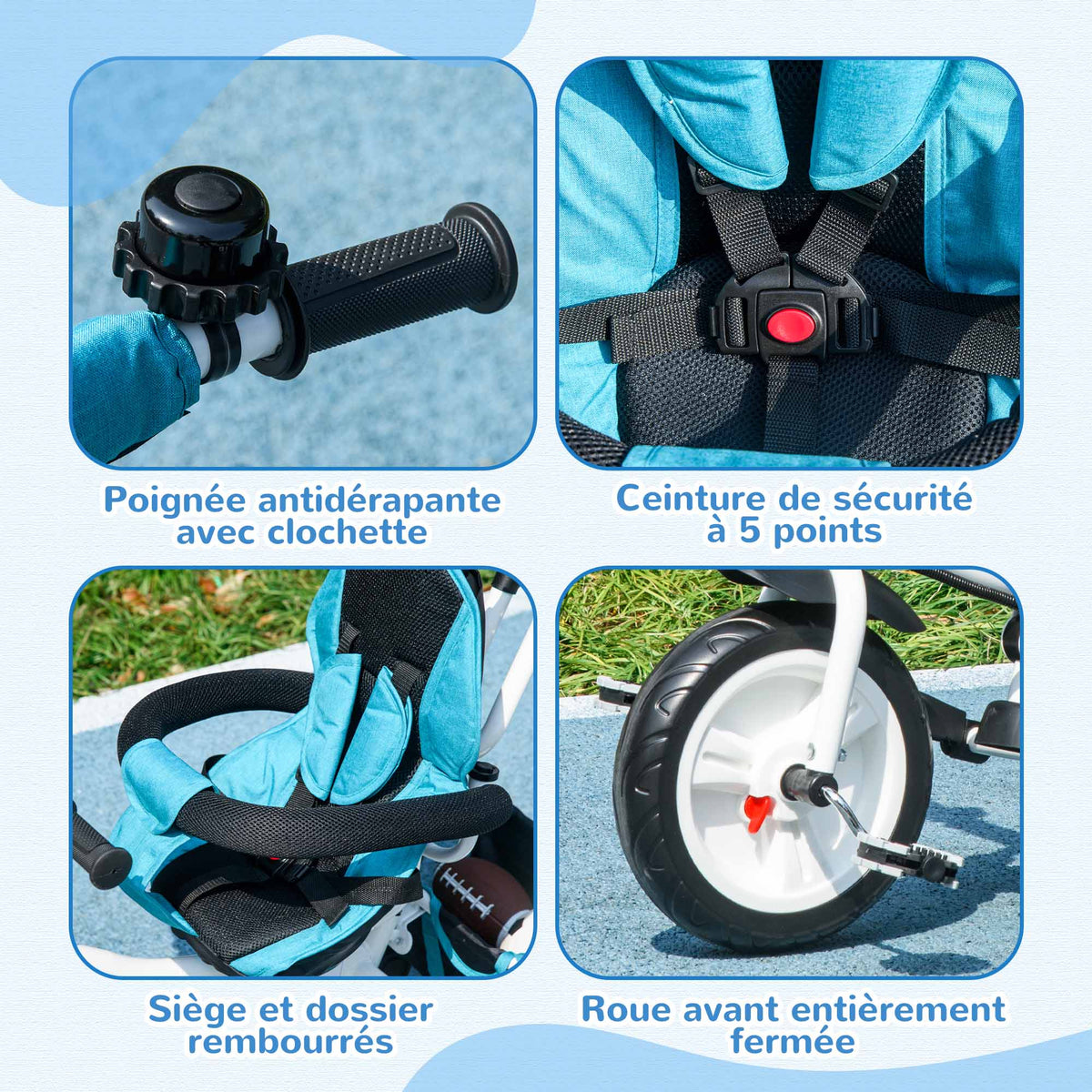 Tricycle 6 en 1 pour enfants, auvent, ceinture de sécurité 5 points, rangement, repose-pieds, frein, 1-5 ans, bleu-6
