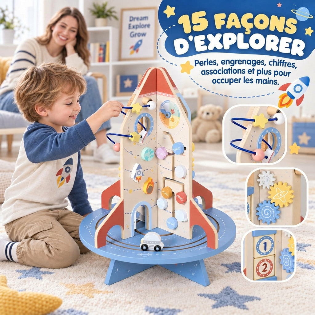 Cube d'Activités en Bois Thème Fusée, Cube Éducatif avec Trieur de Formes et Labyrinthe de Perles, pour 2 à 6 Ans-6