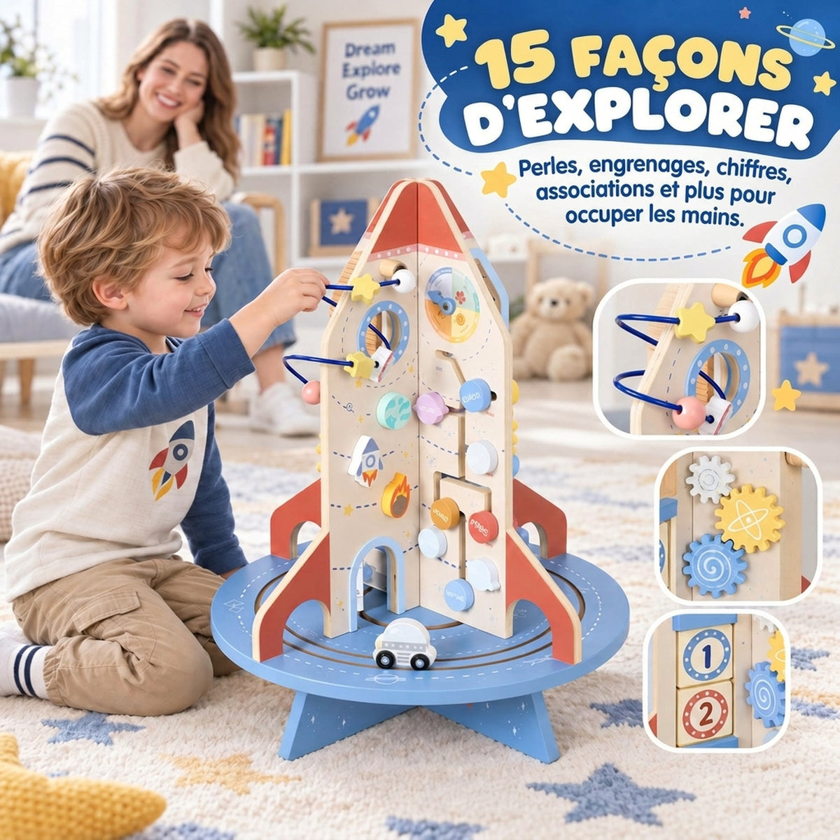 Cube d'Activités en Bois Thème Fusée, Cube Éducatif avec Trieur de Formes et Labyrinthe de Perles, pour 2 à 6 Ans-6
