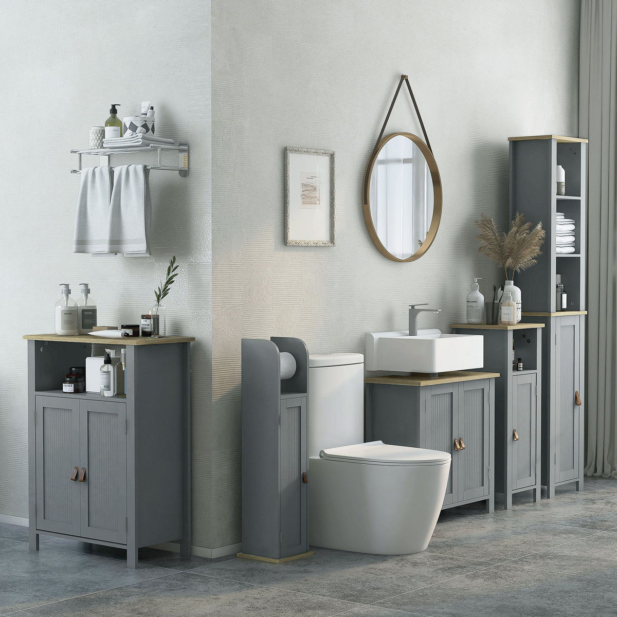 Meuble de salle de bain support papier toilette avec placard et étagères réglables 20 x 20 x 80 cm gris-1
