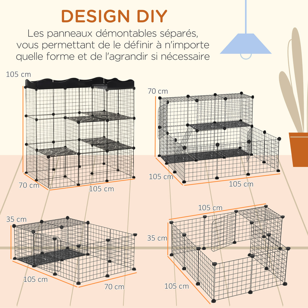 Cage parc enclos pour petits animaux chats lapins modulable 3 niveaux 2 portes rampe fil métallique 105 x 70 x 116 cm noir-3