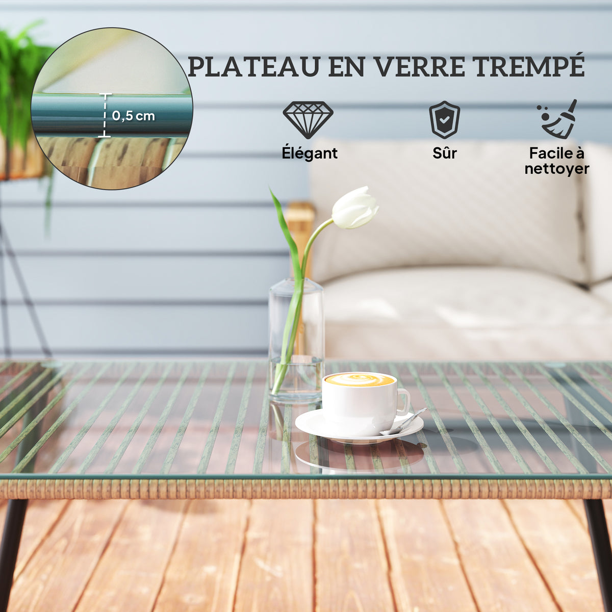 Table basse de jardin avec plateau verre trempé 5 mm, table d'appoint pour extérieur, cadre en acier, effet bois naturel-4