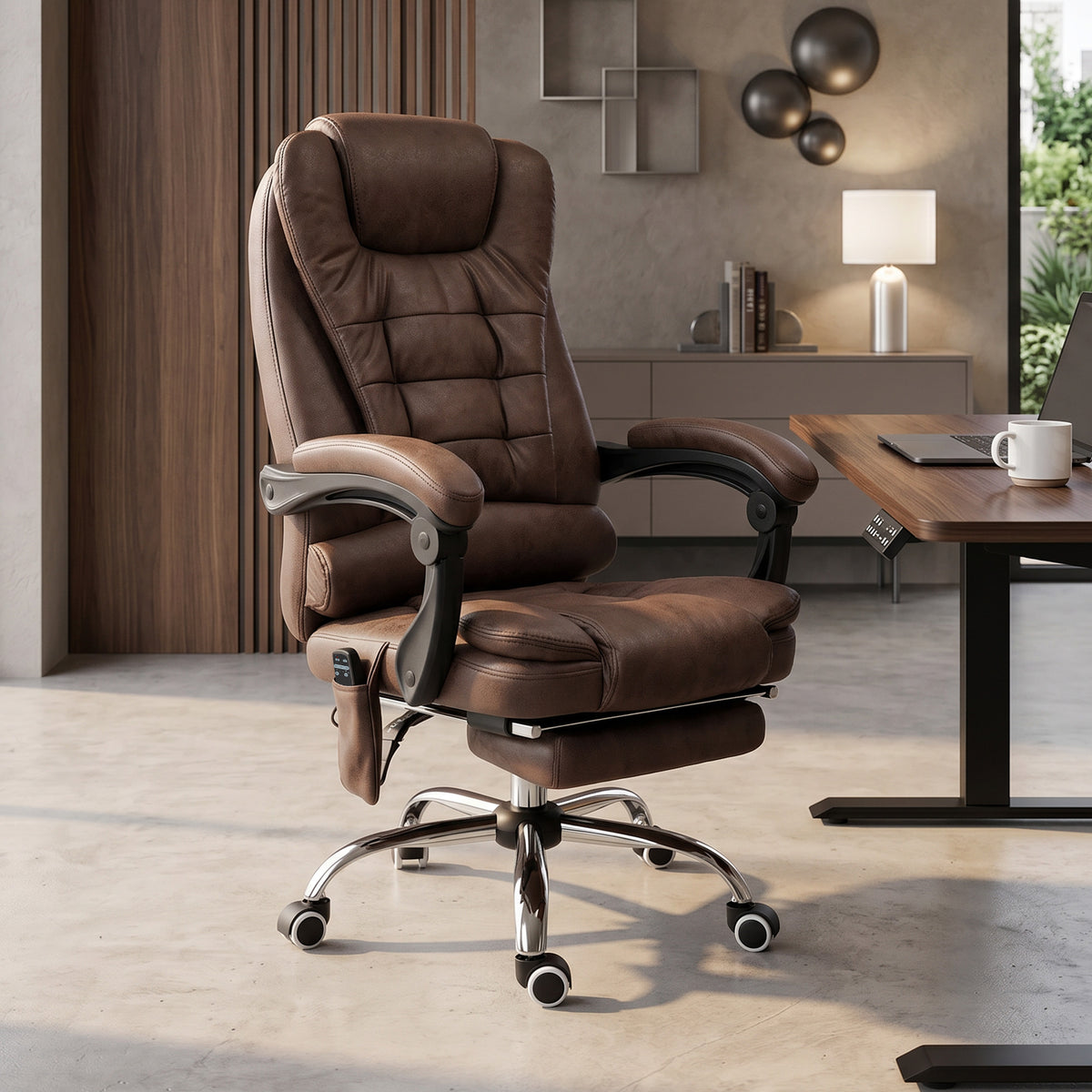 Fauteuil de bureau direction massant chauffant hauteur réglable dossier inclinable toile de microfibre marron-5