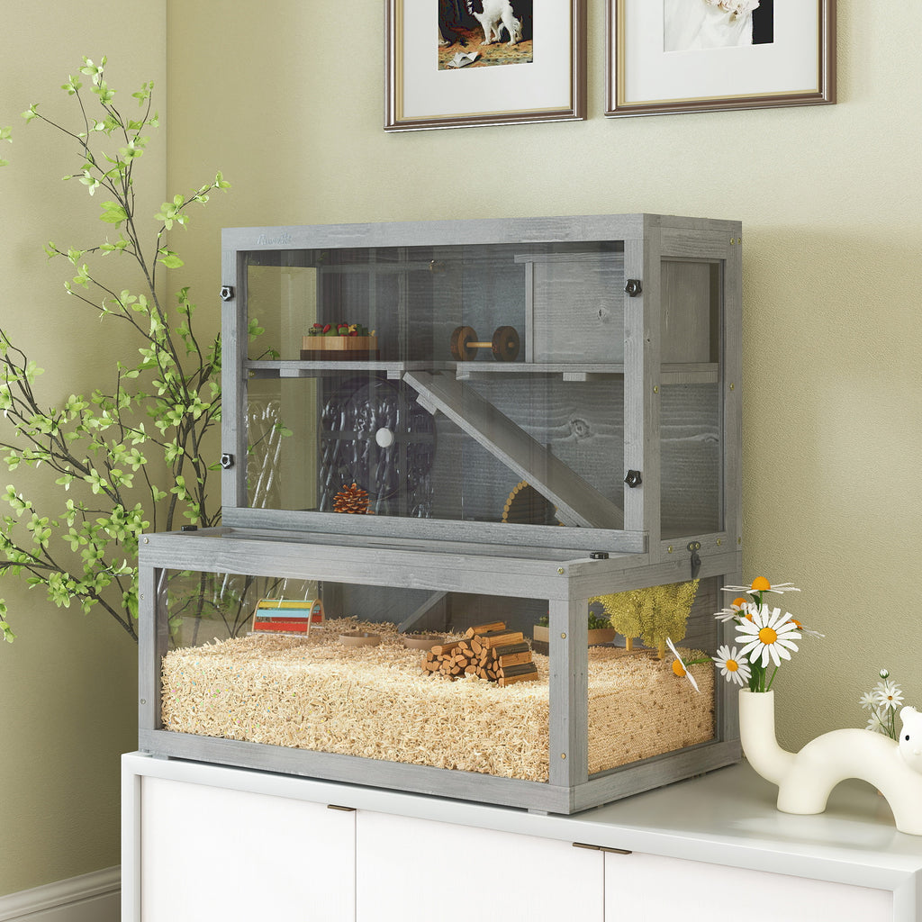 Cage Hamster en Bois, 3 Niveaux avec Cabane, Roue, Rampes, Panneau Transparent, Espaces Séparés, 80x50x84cm, Gris-1