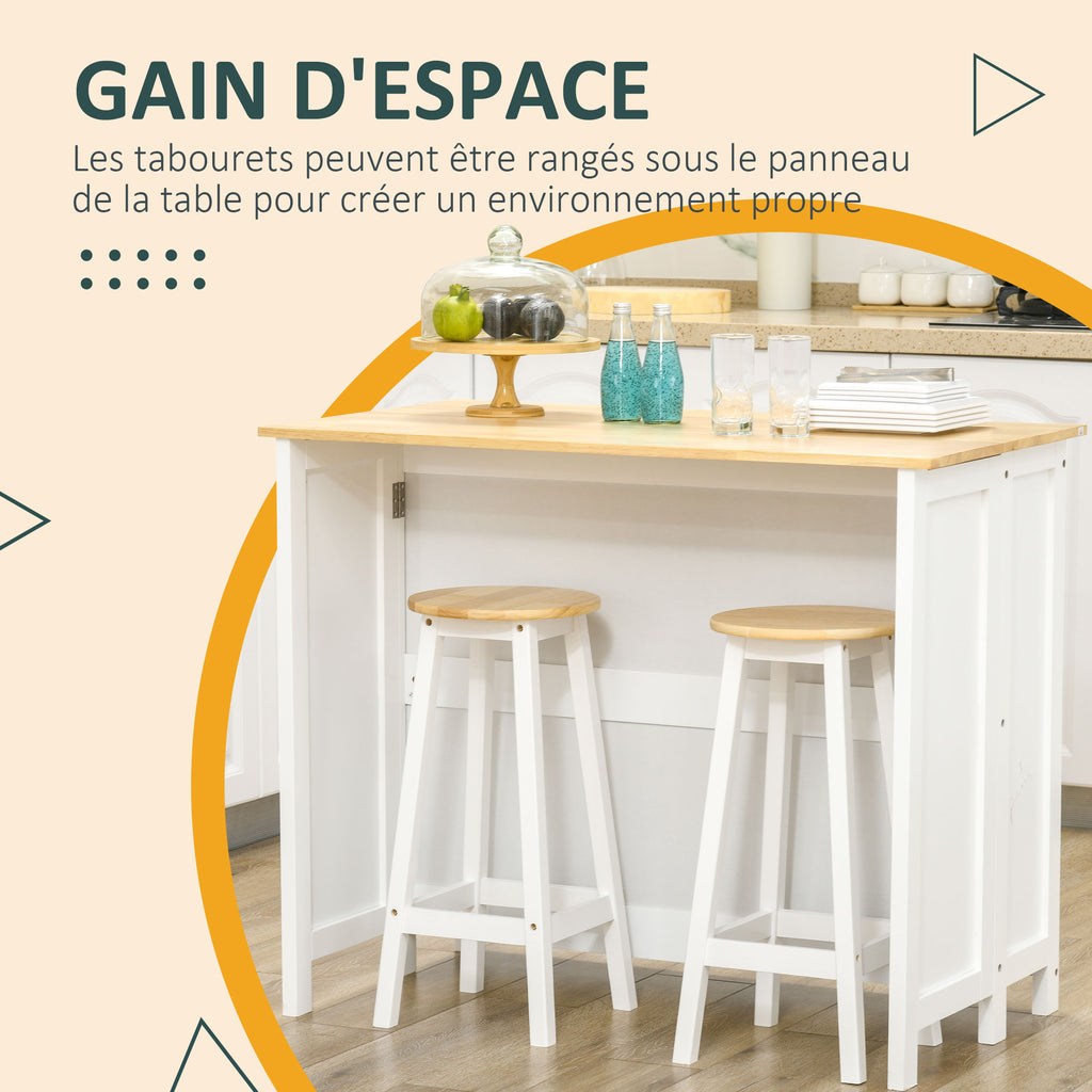 Desserte îlot de cuisine avec 2 tabourets plan de travail rabattable 2 placards avec 4 portes design moderne blanc-6