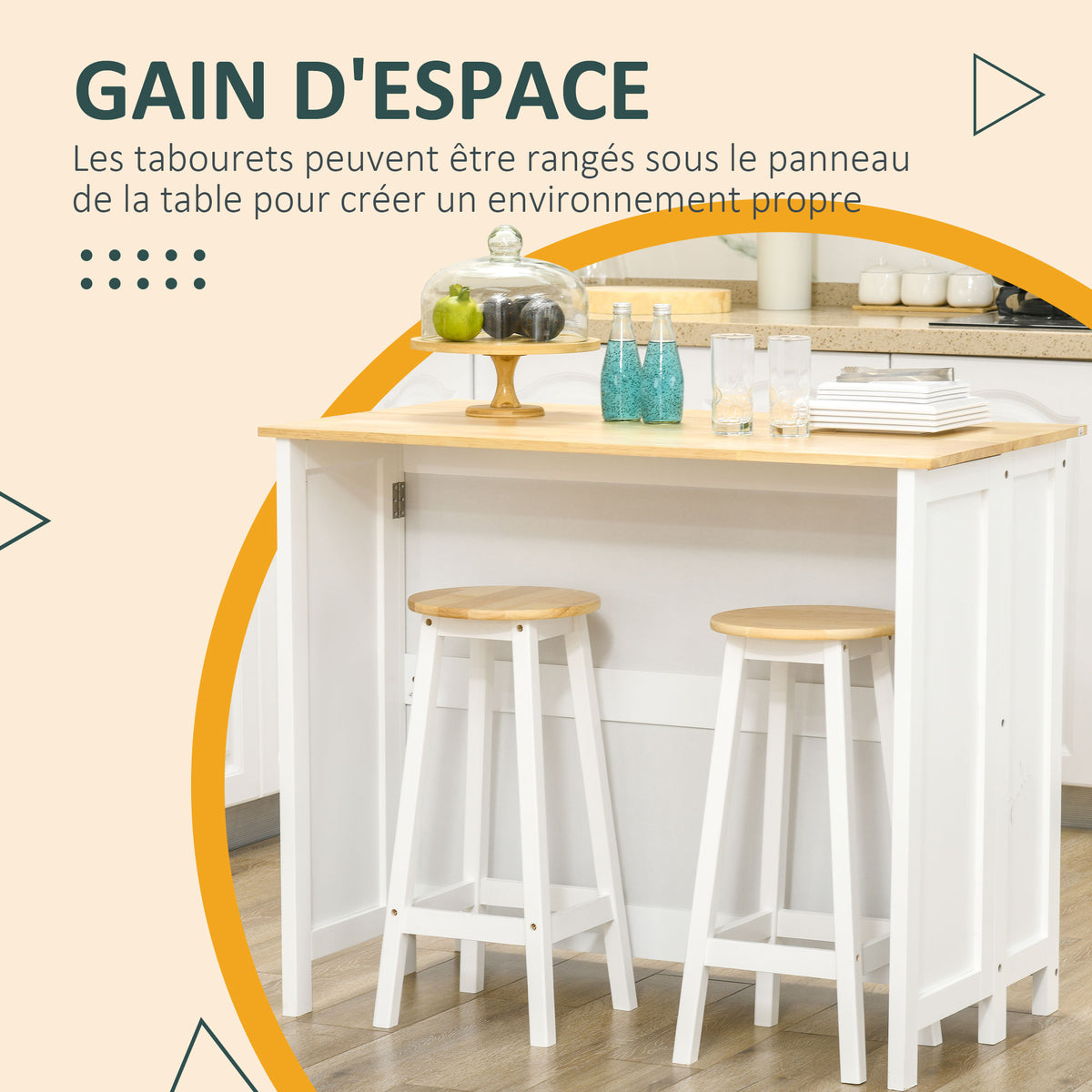 Desserte îlot de cuisine avec 2 tabourets plan de travail rabattable 2 placards avec 4 portes design moderne blanc-6